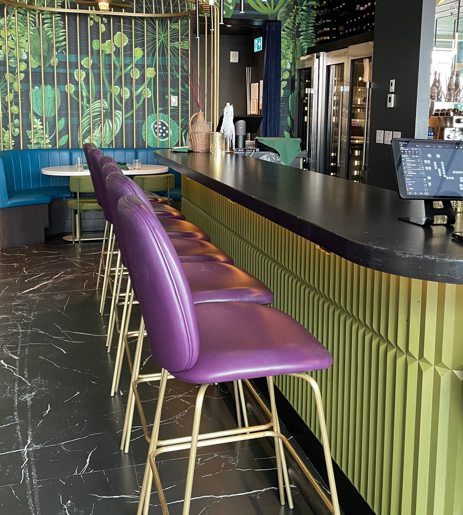 Peacock Wine Bar Columns, Bar Banquettes, Wine Glass Racks, Mirrored